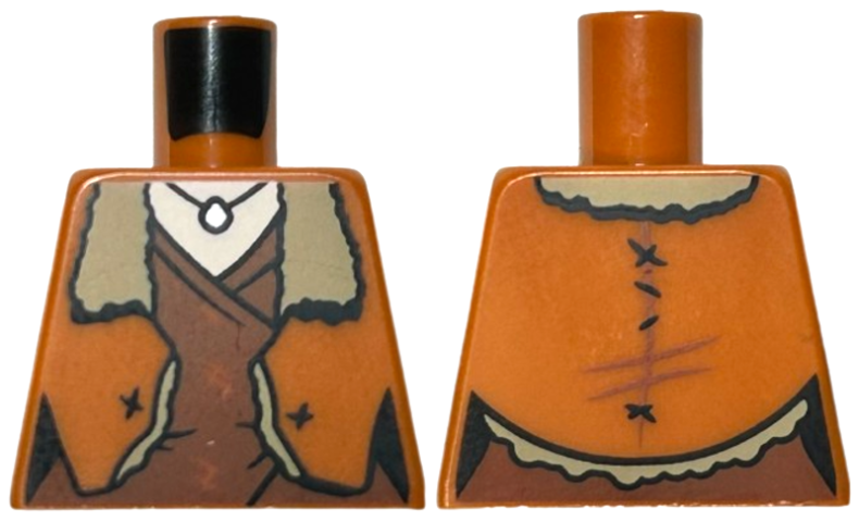 Torso Jacket Open with Dark Tan Fur Lining over Reddish Brown Layered Shirt, Silver Pendant Necklace, Light Nougat Neck Pattern