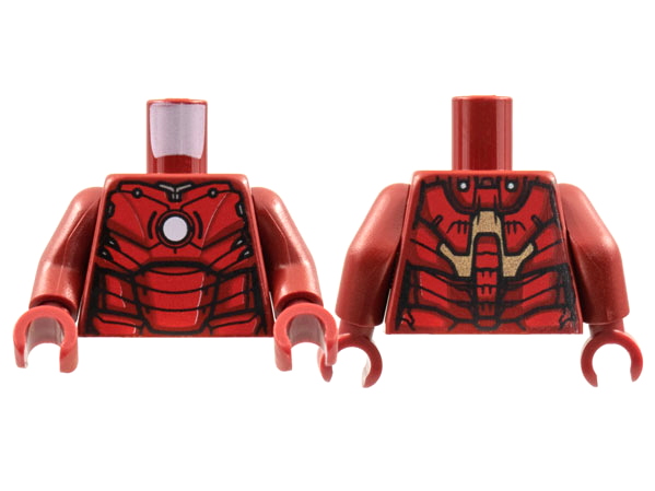 Torso Armor with White Circle Arc Reactor, Red Panels, Gold Trim on Back, 3 Detailed Spine Segments Pattern (Iron Man Mark 3) / Dark Red Arms / Dark Red Hands