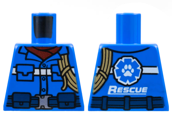 Torso Button Up Shirt, Dark Red Scarf, White Stripe, Dark Tan Rope, Dark Blue Belt, 'RESCUE' on Back Pattern