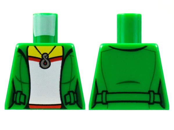 Torso Female Jacket Open over Red and White Shirt without Wrinkle, Silver Infinity Pendant Necklace, Yellow Neck Pattern