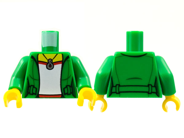 Torso Female Jacket Open over Red and White Shirt without Wrinkle, Silver Infinity Pendant Necklace, Yellow Neck Pattern / Green Arms / Yellow Hands