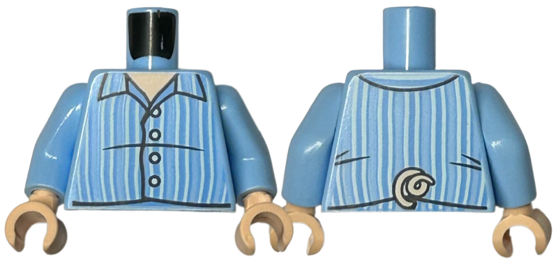 Torso Pajama Shirt with Open Collar, Buttons, and Light Aqua Vertical Stripes, Light Nougat Neck, Curled Tail on Back Pattern / Bright Light Blue Arms / Light Nougat Hands