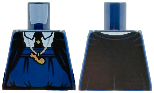 Torso Black Cloak Open over Blouse and White Shirt with Collar, Tie with Gold Pin, Silver Necklace with Small Whistle Pattern