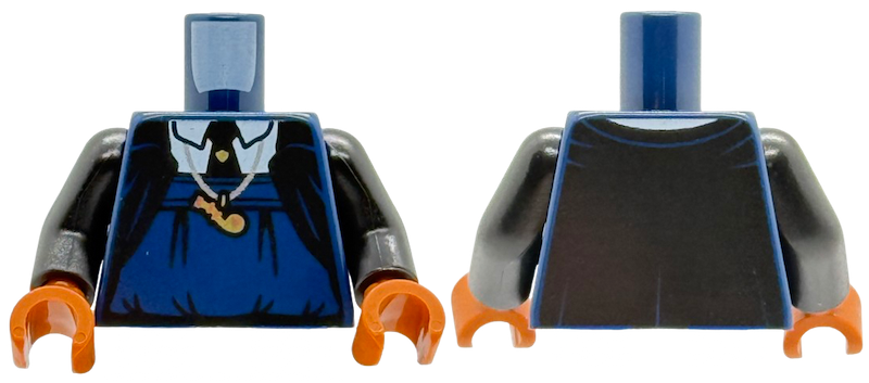 Torso Black Cloak Open over Blouse and White Shirt with Collar, Tie with Gold Pin, Silver Necklace with Small Whistle Pattern / Black Arms / Dark Orange Hands