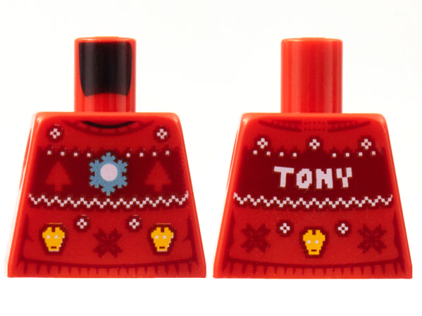 Torso Knit Fair Isle Holiday Sweater with Yellow Iron Man and White Zigzag, Snowflake and 'TONY' on Dark Red Background Pattern