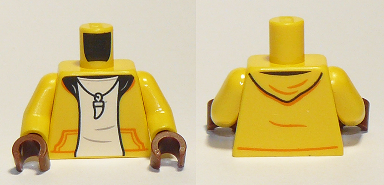 Torso Hoodie Open with Pockets and Black Lining over White Shirt, Tooth Necklace Pattern / Yellow Arms / Reddish Brown Hands