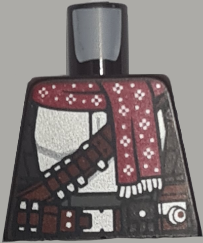 Torso SW Mandalorian Armor Silver Beskar Armor Plates, Reddish Brown Belts, Red Christmas Scarf Pattern (Din Djarin)