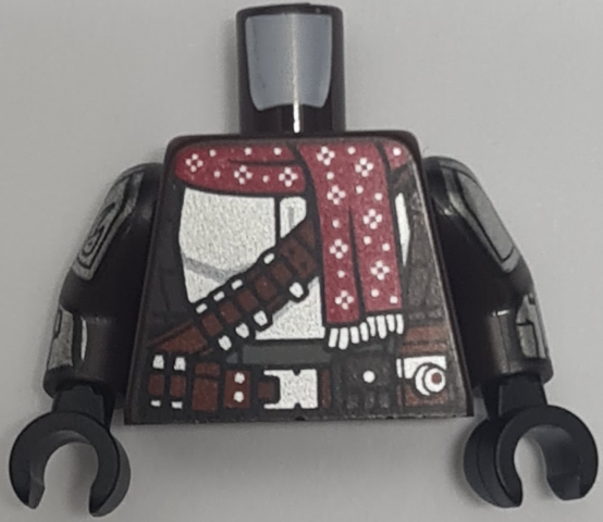 Torso SW Mandalorian Silver Beskar Armor Plates, Reddish Brown Belts, Red Christmas Scarf Pattern (Din Djarin) / Dark Brown Arms with Silver Beskar Plates Pattern / Black Hands