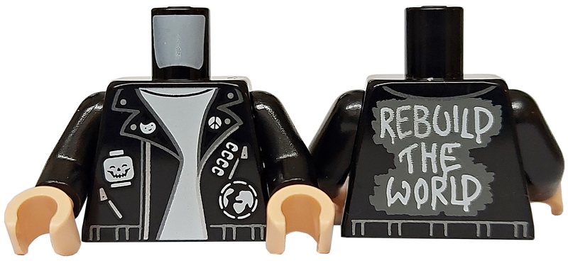 Torso Leather Jacket over White T-Shirt, Skull Minifigure Head, Badges, 'REBUILD THE WORLD' on Back Pattern / Black Arms / Light Nougat Hands
