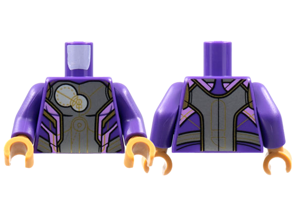Torso Armor Dark Bluish Gray Center Panel, 2 White Circles, Gold and Lavender Trim Pattern / Dark Purple Arms / Medium Nougat Hands