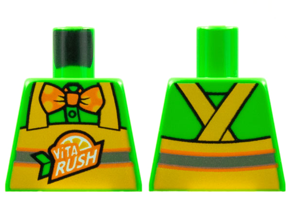 Torso Button Up Shirt, Orange Bow Tie with Polka Dots, Yellow Apron with 'ViTA RUSH' Logo, Silver Stripe Pattern