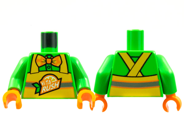 Torso Button Up Shirt, Orange Bow Tie with Polka Dots, Yellow Apron with 'ViTA RUSH' Logo, Silver Stripe Pattern / Bright Green Arms / Orange Hands