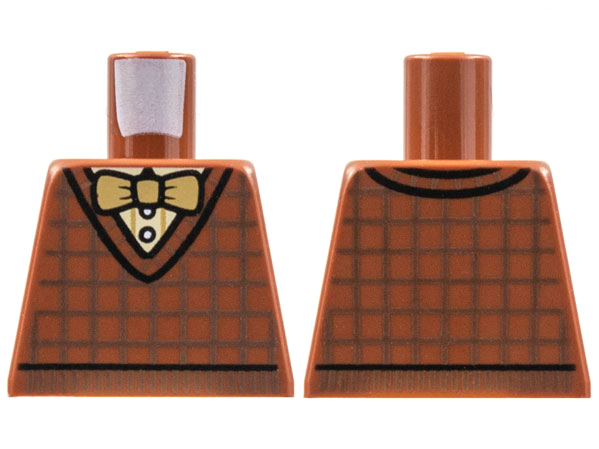 Torso Cardigan Sweater, Dark Brown Crisscross Stripes, White Shirt, Tan Bow Tie Pattern