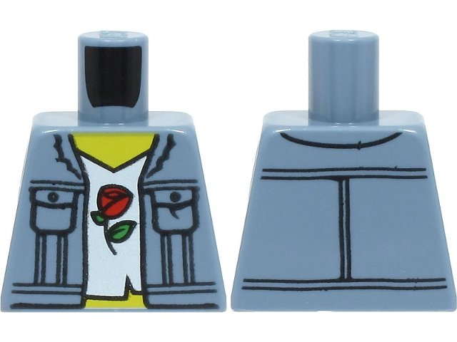 Torso Denim Vest with Pockets, White Shirt, Red Rose Pattern