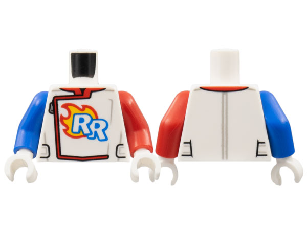 Torso Racing Suit, Zipper, 'RR' Logo, Flames Pattern / Red Arm Left / Blue Arm Right / White Hands