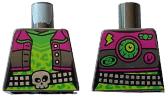 Torso Female Short Jacket Open with Buttons and Magenta Collar over Lime Shirt with Bright Green Rosettes, Silver Studded Belt with Skull Buckle, Monster Eye and Patches on Back Pattern