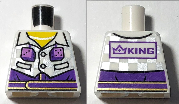 Torso Cropped Jacket with Silver Checkered, Dice, Dark Purple Pants, Belt with Gold Trim, Yellow Neck, Necklace, 'KING' on Back Pattern