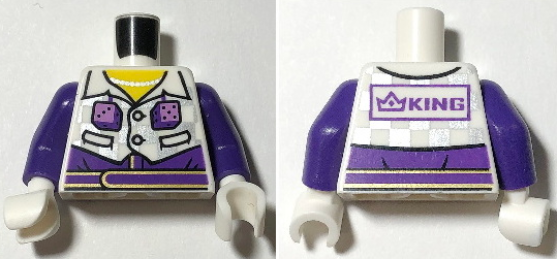 Torso Cropped Jacket with Silver Checkered, Dice, Dark Purple Pants, Belt with Gold Trim, Yellow Neck, Necklace, 'KING' on Back Pattern / Dark Purple Arms / White Hands