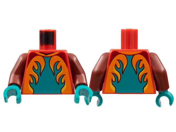 Torso Racing Suit, Dark Turquoise Panel, Orange and Yellow Flames Pattern / Dark Red Arms / Dark Turquoise Hands