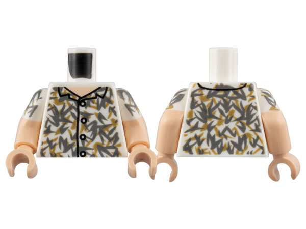 Torso Shirt, Light Nougat Neck, Buttons, Dark Bluish Gray and Tark Tan Floral Pattern / Light Nougat Arms with White Short Sleeves, Floral Pattern / Light Nougat Hands