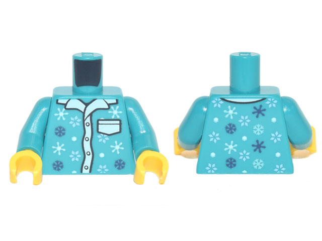 Torso Pajamas 4 Buttons, White Collar and Pocket, Snowflakes Pattern / Dark Turquoise Arms / Yellow Hands