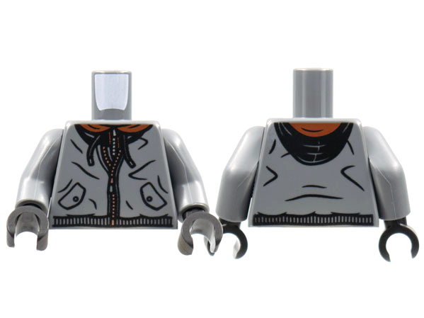 Torso Hoodie, Black Hood and Drawstrings, Reddish Brown Collar, Silver Zipper Pattern / Dark Bluish Gray Arms / Black Hands