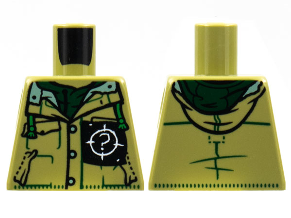 Torso Button Up Shirt with Hood, Open Collar, Dark Green Trim, White '?' on Black Pocket Patch Pattern