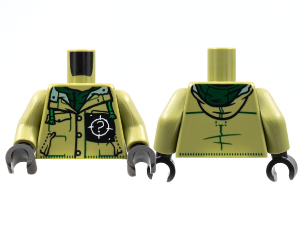 Torso Button Up Shirt with Hood, Open Collar, Dark Green Trim, White '?' on Black Pocket Patch Pattern / Olive Green Arms / Black Hands