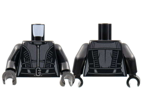 Torso Female Catsuit, Pearl Dark Gray Center Panel and Trim, Silver Zipper and Buckle Pattern / Black Arms / Black Hands