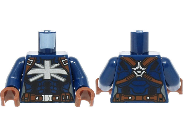 Torso Female Armor with Silver Union Jack Emblem on Chest, Reddish Brown Harness and Belt Pattern / Dark Blue Arms / Reddish Brown Hands