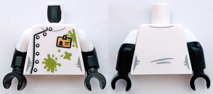 Torso Lab Coat Dirt Stains with White Buttons and ID Badge Pattern (BAM) / Black Arms with Molded White Short Sleeves Pattern / Black Hands