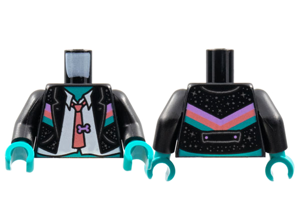 Torso Jacket with Silver Stars, Loose Collar, Coral Tie, Untucked Shirt, Medium Lavender Bone Tie Tack Pattern / Black Arms / Dark Turquoise Hands