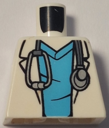 Torso Hospital Lab Coat over Medium Azure Scrubs, Silver Stethoscope Pattern