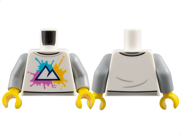 Torso Mountains on Medium Azure, Bright Light Orange and Dark Pink Splotches Pattern / Light Bluish Gray Arms / Yellow Hands