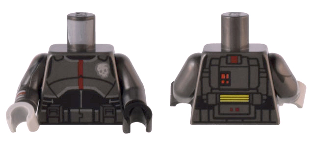 Torso SW Armor with Skull Badge and Dark Red Stripe, Black Midsection, Detailed Backpack with Red Lights Pattern / Pearl Dark Gray Arm Left / Pearl Dark Gray Arm Right with Armor Pattern / Black Hand Left / Light Bluish Gray Hand Right