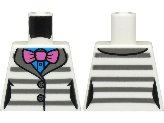 Torso Female Jacket with Dark Bluish Gray Prison Stripes over Dark Azure Shirt, Dark Pink Bow Tie Pattern