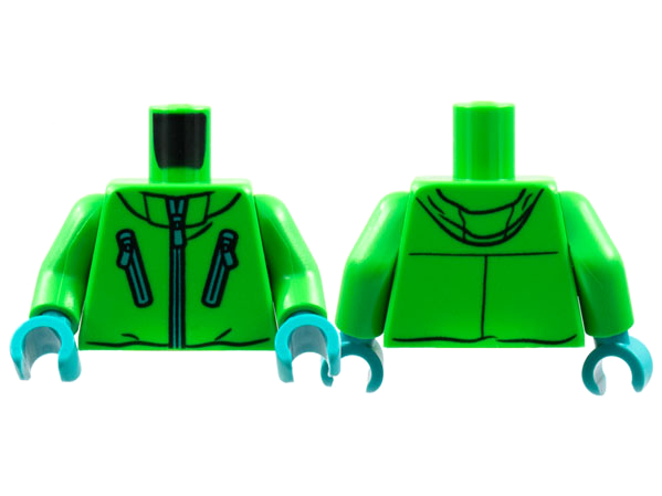 Torso Jacket, 3 Medium Azure Zippers Pattern / Bright Green Arms / Dark Turquoise Hands