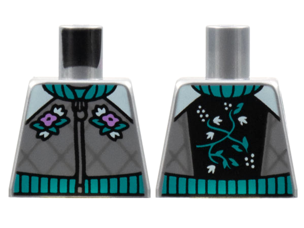 Torso Jacket with Zipper, Dark Turquoise Collar and Waist, Medium Lavender Flowers, Dark Bluish Gray Diagonal Pattern