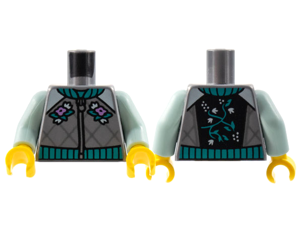 Torso Jacket with Zipper, Dark Turquoise Collar and Waist, Medium Lavender Flowers, Dark Bluish Gray Diagonal Pattern / Light Aqua Arms / Yellow Hands