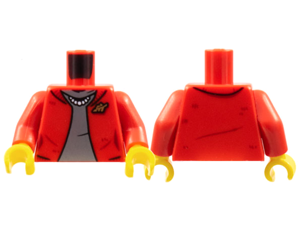 Torso Female Cardigan Sweater, Dark Bluish Gray Shirt, White Pearl Necklace, Gold Leaf Brooch Pattern / Red Arms / Yellow Hands