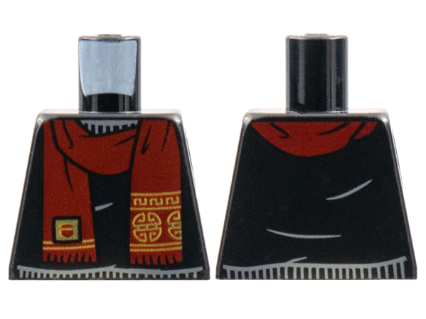 Torso Sweater, Dark Red Scarf with Gold Chinese Circles Pattern