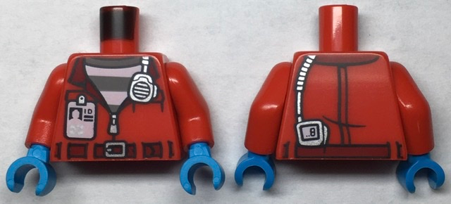 Torso Town Prisoner, Jacket with Open Zipper and I.D. over Prison Stripes Pattern / Red Arms / Dark Azure Hands