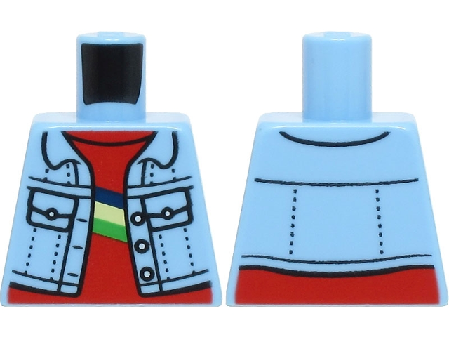 Torso Denim Jacket Open with Pockets and Buttons over Red Shirt with Dark Blue, Yellowish Green, and Bright Green Stripes Pattern