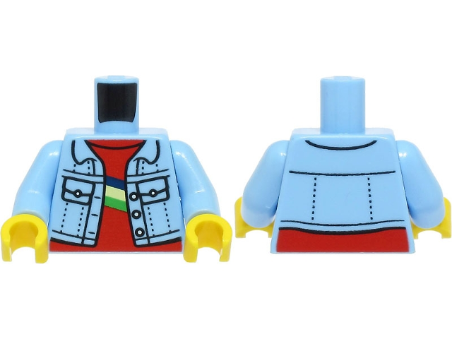 Torso Denim Jacket Open with Pockets and Buttons over Red Shirt with Dark Blue, Yellowish Green, and Bright Green Stripes Pattern / Bright Light Blue Arms / Yellow Hands