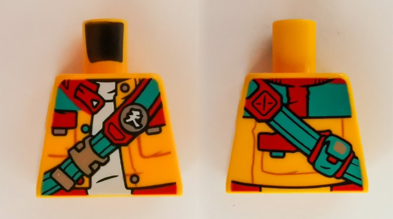 Torso Jacket with Pockets, White Shirt, Dark Turquoise and Red Strap with Chinese Logogram '天' (Sky) Button Pattern