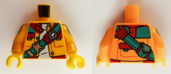 Torso Jacket with Pockets, White Shirt, Dark Turquoise and Red Strap with Chinese Logogram '天' (Sky) Button Pattern / Bright Light Orange Arms with Red Stripes and Black and White Targets Pattern / Yellow Hands