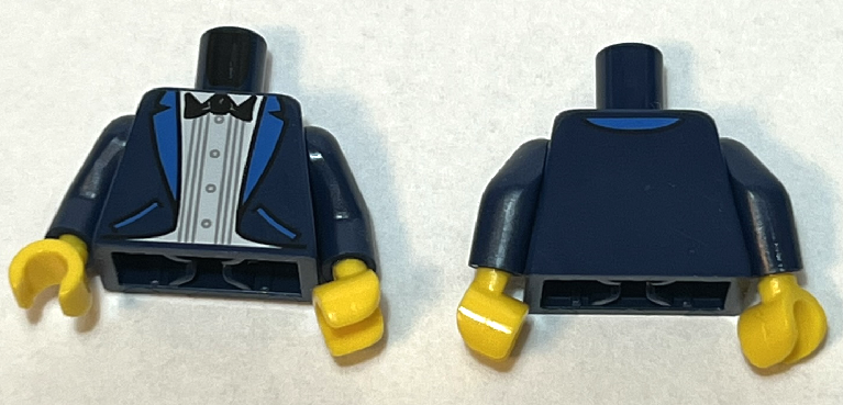 Torso Tuxedo Jacket with Blue Lapels and Pockets, White Shirt, Black Bow Tie Pattern (BAM) / Dark Blue Arms / Yellow Hands