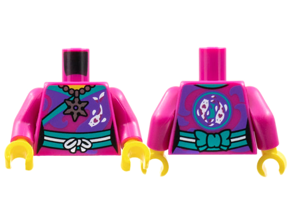 Torso Female Kimono, Dark Turquoise Hem and Sash, Silver Shuriken Throwing Star Necklace, Koi Fish Pattern / Magenta Arms / Yellow Hands