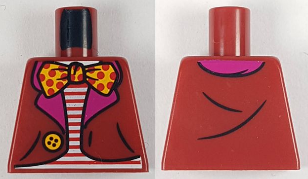 Torso Jacket with Dark Pink Lapels and Bright Light Orange Button over Shirt with Red and White Stripes, Bow Tie with Polka Dots Pattern (BAM)