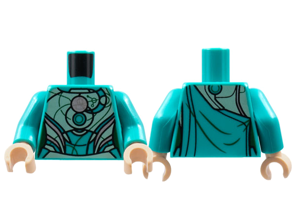 Torso Female Armor, Lime Breastplate, Silver Circle and Trim Pattern / Dark Turquoise Arms / Light Nougat Hands
